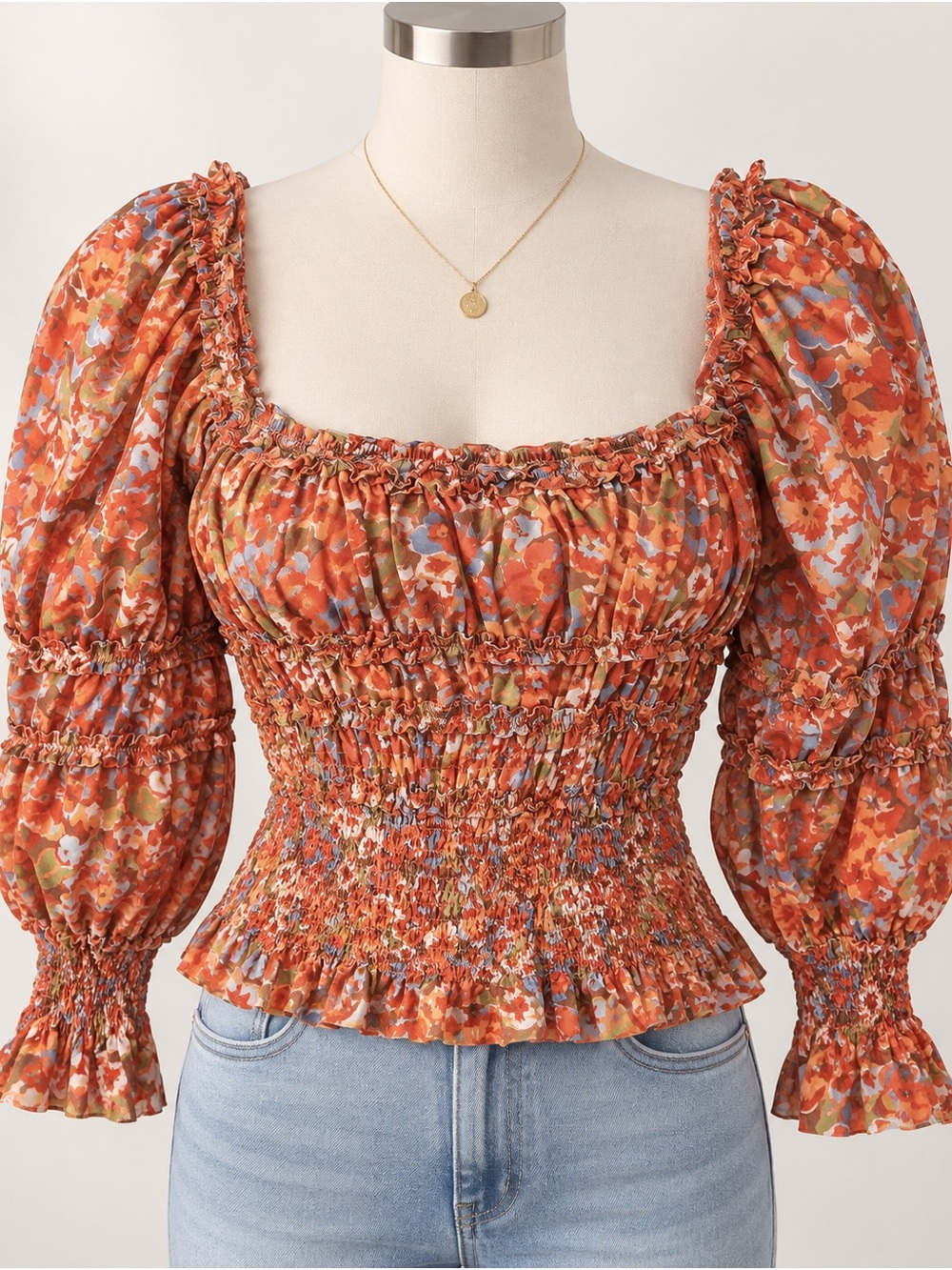 House of Harlow 1960 Orange Multi Floral Smocked Puff-Sleeve Top
